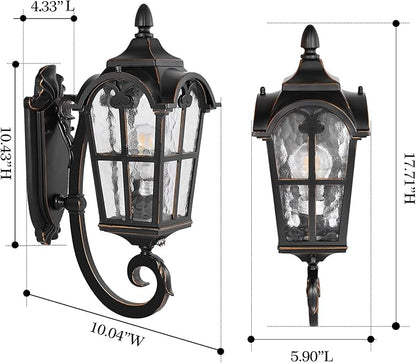 Black Roman Outdoor Light Fixture, 17.7"H Dusk to Dawn Outdoor Lighting Wall Light, Waterproof Outside Porch Light Wall Sconce, Exterior Wall Lantern Lamp with Water Glass for Garage Porch Doorway