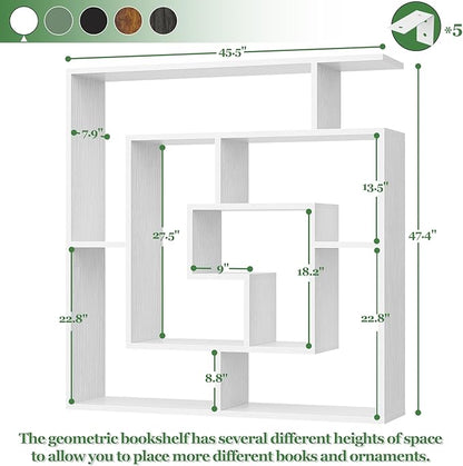 Armocity 6 Tier Display Book Shelf Wall Mounted Bookshelf Freestanding Geometric Bookcase Floating Book Shelves for Wall Bedroom Living Room Home Office, 45.5"(W) * 47"(H), White