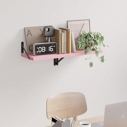 SAUMONIERES Floating Shelves Bookshelf for Bedroom Bathroom Living Room Wood Wall Mounted Wide Deep Storage, Pink Painted Set of 2