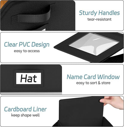 AOODA 2 PCS Stackable Hat Storage for Baseball Caps, Holds up to 24 Caps Hat Organizer for Closet, Sturdy Snapback Boxes for Men with Cardboard (Pure Black)