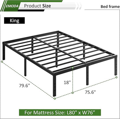EMODA 18 Inch King Bed Frame No Box Spring Needed, Heavy Duty Tall Metal Platform with Large Storage Space, Noise Free, Easy Assembly, Black