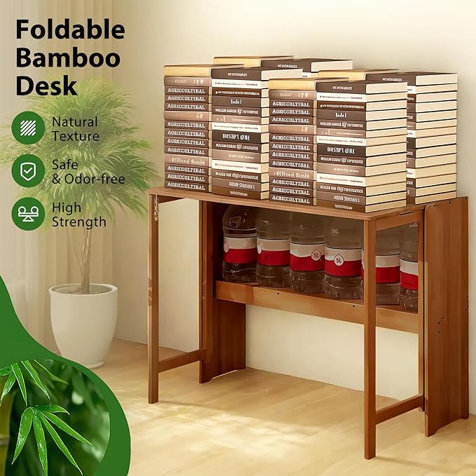 31.5" Bamboo Folding Desk,Space-Saving Computer Desk for Small Spaces, Foldable Study Table for Bedroom, Home Office, Dorm, Apartment（Brown