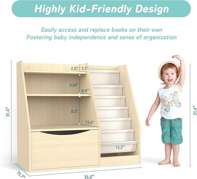 TOETOL 3 Tier Kids Bookshelf and Book Storage，6 Sling Toddler Bookshelf, Storage Boxes Book Shelf & Organizer for Nursery Playroom Classroom Library Bedroom Natural Wood
