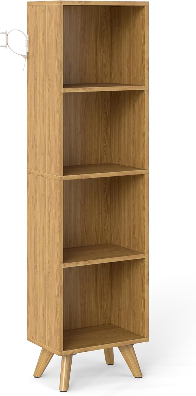 Manora Small Bookcase with 4 Open Shelves, Modern Bookshelf with Wooden Legs, Narrow Storage Organizer for Living Room, Bedroom, Office, Oak