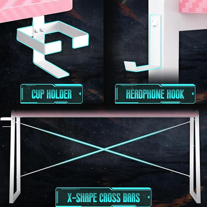 Gaming Desk with Hutch and LED Lights, Gaming Computer Desk with Power Outlets, Gamer Desk with Storage Shelves, PC Game Desk with Pegboards for Bedroom, Carbon Fiber Pink, 49"