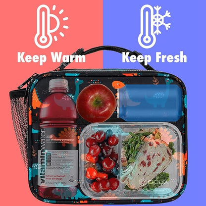 opux Insulated Lunch Bag Kids, Lunch Box for School Boy Girl, Leakproof Small Reusable Compact Soft Mini Cooler Bag, Toddler Small Lunch Boxes Kit Pail with Front Side Pockets (Dinosaur)