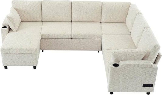 Eafurn Oversized U Shaped Sectional Sleeper Sofabed Pull Out Couch Bed for Living Room 6 Seater Upholstered Convertible Pullout Lounge Sofa Couch w/Storage Chaise, USB Ports for Living Room Apartment