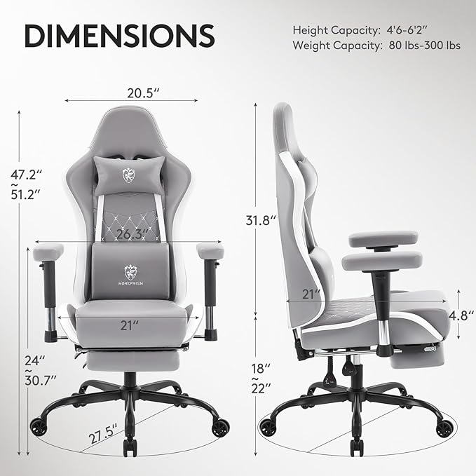 Gaming Chair,Computer Office Chair with Footrest,Massage Lumbar Support and Gel Pad,Ergonomic Reclining Leather Gamer Chair with Headrest,Adjustable Armrests and Spring Cushion Grey White
