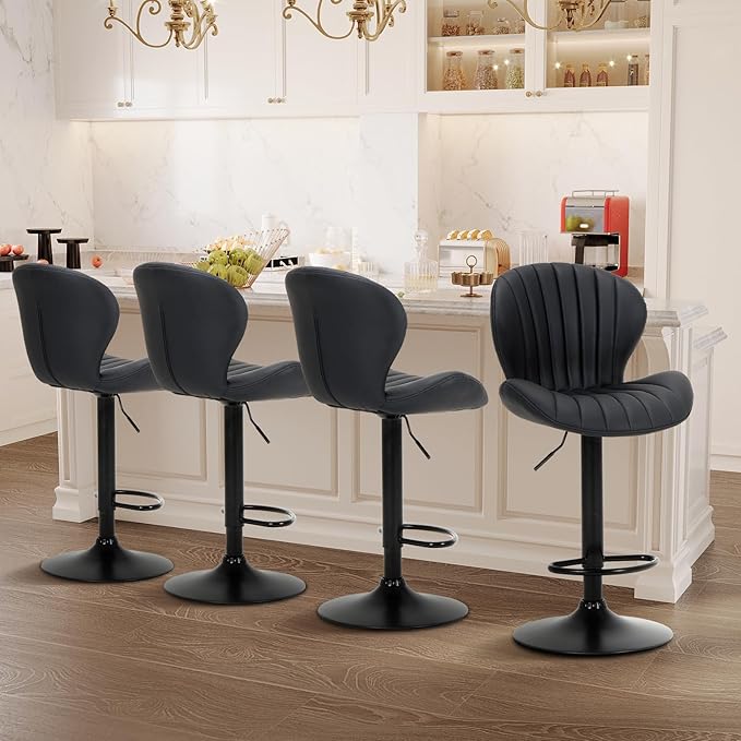 COLAMY Bar Stools Set of 4, Modern Swivel Bar Chairs, Adjustable Faux Leather Upholstered Barstools Counter Height with High Backrest for Bar, Kitchen Island, Dining Room, Black