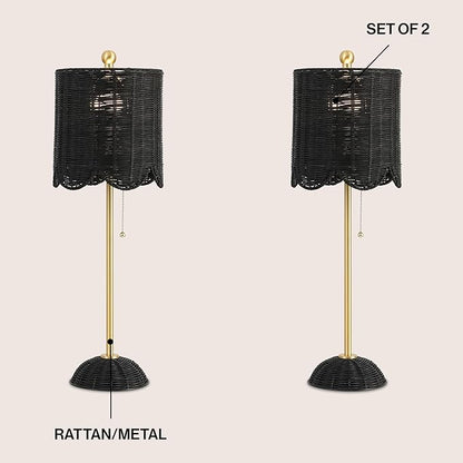 JONATHAN Y 27.5" Black/Brass Gold Coastal Buffet Table Lamp Set of 2 for Bedroom, Boho Table Lamps with Natural Rattan Scalloped Shade, Pull Chain, LED Bulbs Included (JYL1138C-SET2)