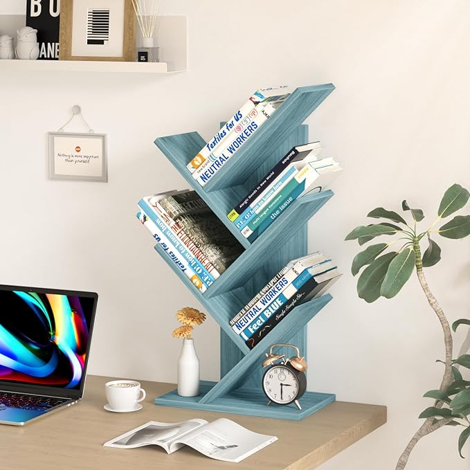 5 Tier Tree Book Shelf, Small Desktop Bookshelf with Storage Organizer, Wood Bookcase, Desk Display Bookshelves, Floor Standing Organizer Bookcases for Living Room,Bedroom,Office-Blue