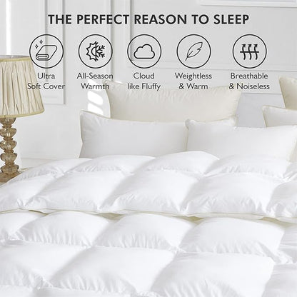 Luxurious White Solid Medium Weight, King Size Goose Feathers Down Comforter for All-Season Weather Duvet Insert, Premium Baffle Box, 100% Egyptian Cotton Cover, 65 oz. Fill Weight