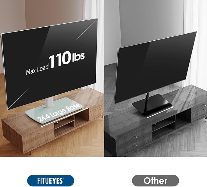 FITUEYES Universal TV Stand, Swivel TV Table Stand for 43 50-65 70 75 80 85Inch Flat Screen, Table Top TV Stand Base Replacement, Height Adjustable TV Mount Stand, Glass Base, Max Holds 110lbs