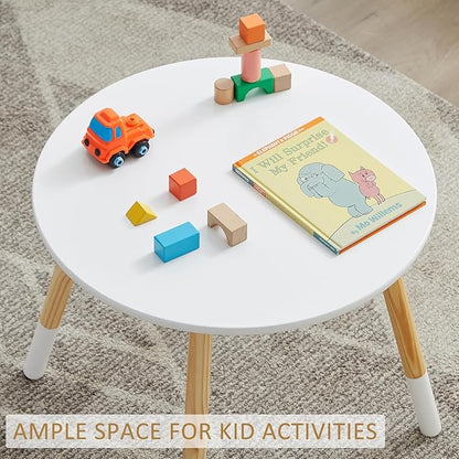 VECELO Round Table and Chair Set Playroom Furniture Wooden, Modern Minimalist Design, Compact Size, Easy Assembly, White