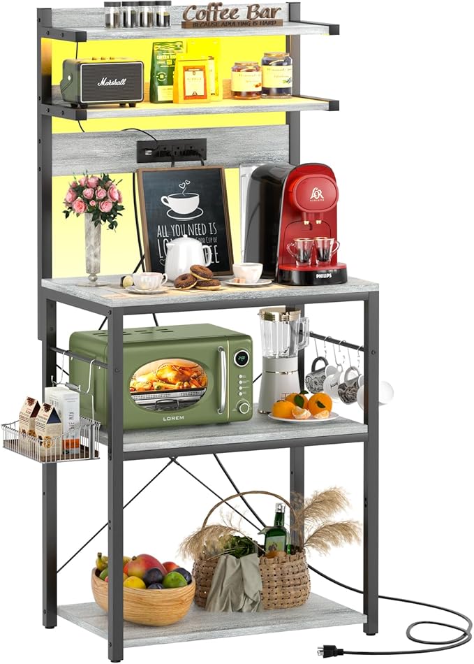 Aheaplus Bakers Rack with Power Outlet, Microwave Stand, 5 Tiers Coffee Bar Station with Led Lights, Kitchen Storage Shelf with 6 S-Shaped Hooks, Kitchen Rack for Spices, Pots and Pans, White Oak