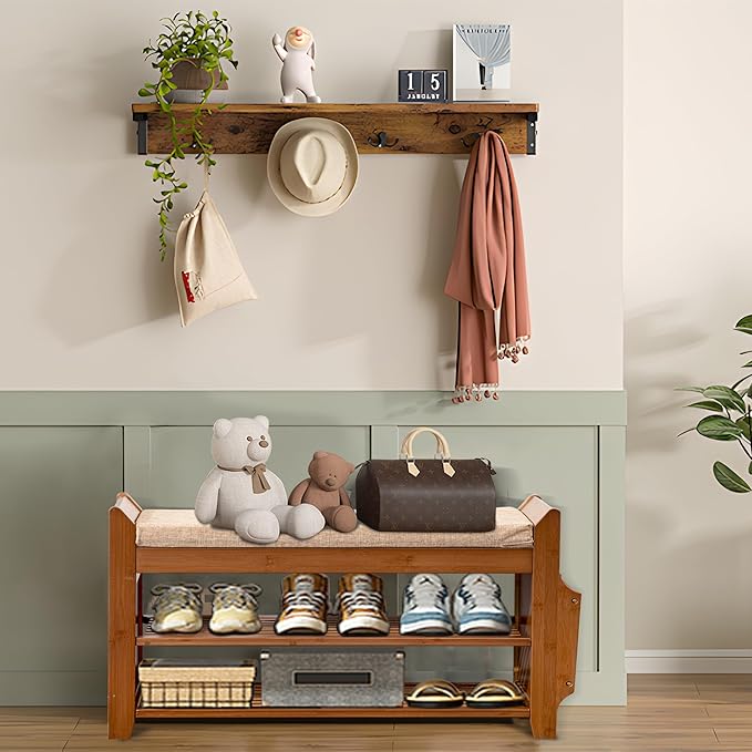 Shoe Storage Bench for Entryway, Bamboo Entryway Bench with Hidden Drawer and Side Brackets,2-Tier Shoe Rack Organizer for Entryway, Hallway,Bedroom and Bathroom