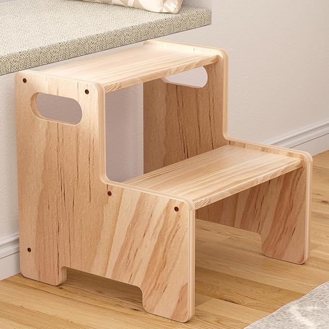 Wooden Step Stool,Two Step Stool for Kids,Toddler Montessori Stool Supports 300 lbs Kids Toddler Stepping Stool for Bathroom Sink/Toilet/Kitchen/Bed,Natural