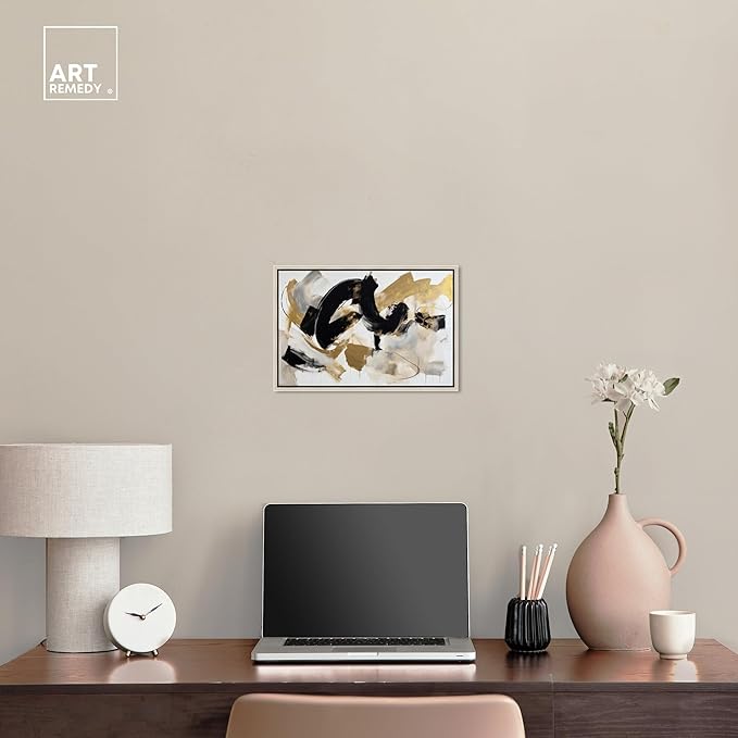 Art Remedy Moved Abstraction Canvas Modern Black White Abstract Wall Art, Silver Frame, 15" x 10"