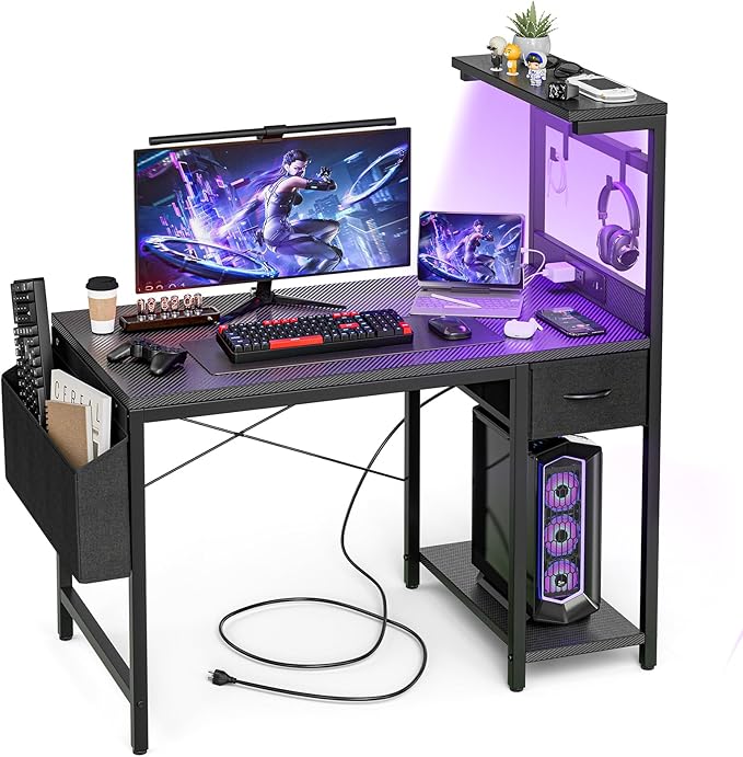 Gaming Desk 40 Inch with Power Outlet and LED Light, Computer Desk with Reversible Shelves and Storage Drawer, Pc Small Desk for Home Office Table with Bag, Carbon Fiber Black
