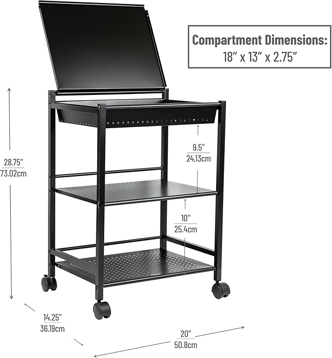 Mind Reader Cart with Covered Compartment, Office Organizer, Storage, 3-Tier, Office, Metal, 20" L x 14.25" W x 28.75" H, Black