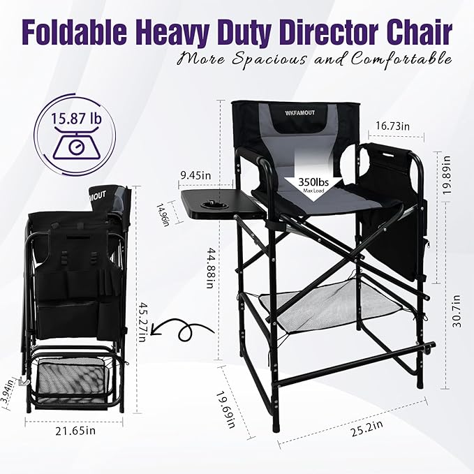 Tall Folding Directors Chair with Side Table 30.71" Seat Height Foldable Camping Chair Bar Stool for Makeup Artist Face Painting with Footrest and Storage Pocket Supports 350LBS