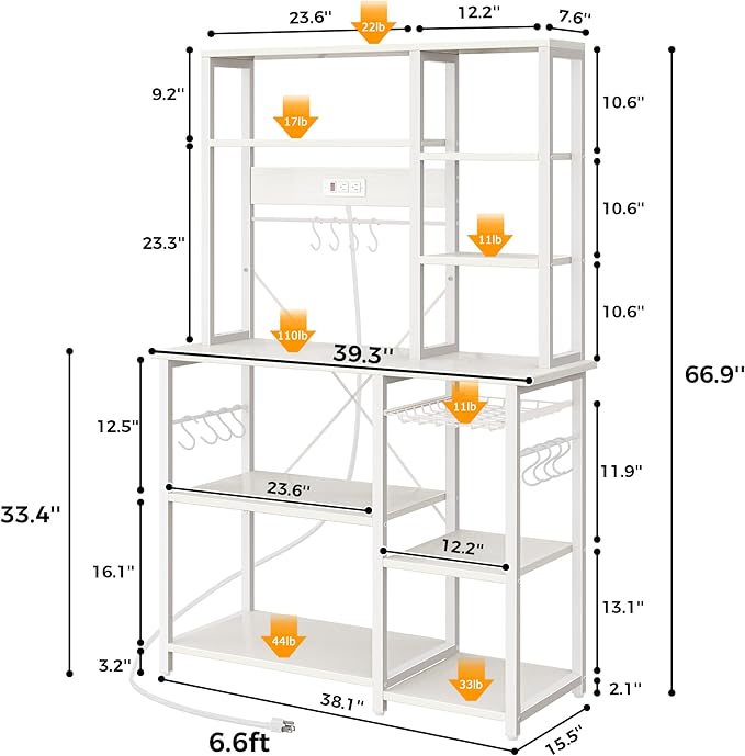 SUPERJARE Large Bakers Rack with Power Outlets, 6-Tier Microwave Stand, Coffee Bar with 12 S-Shaped Hooks, Kitchen Shelf with Wire Basket, 39.3 x 15.5 x 66.9 Inches, White