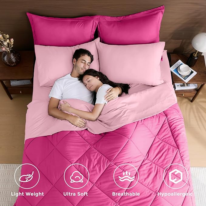 HEVUMYI Hot Pink & Baby Pink King Comforter Set - 7-Piece All Season Bed in a Bag King, Ultra Soft Bedding Set with Comforter, Flat Sheet, Fitted Sheet, Pillowcases, Pillow Shams