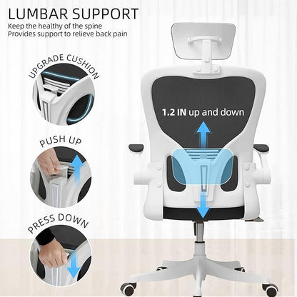 Monhey Office Chair, Ergonomic Office Chair with Lumbar Support & 3D Headrest & Flip Up Arms Home Office Desk Chairs Rockable High Back Swivel Computer Chair White Frame Black Mesh Study Chair