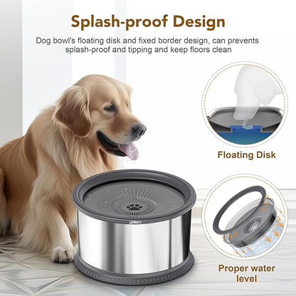 UPSKY Super Large Capacity No Spill Dog Bowl, 6.5L Stainless Steel Spill Proof Slow Water Feeder, Anti-Slip Mat for Messy Drinkers - Grey