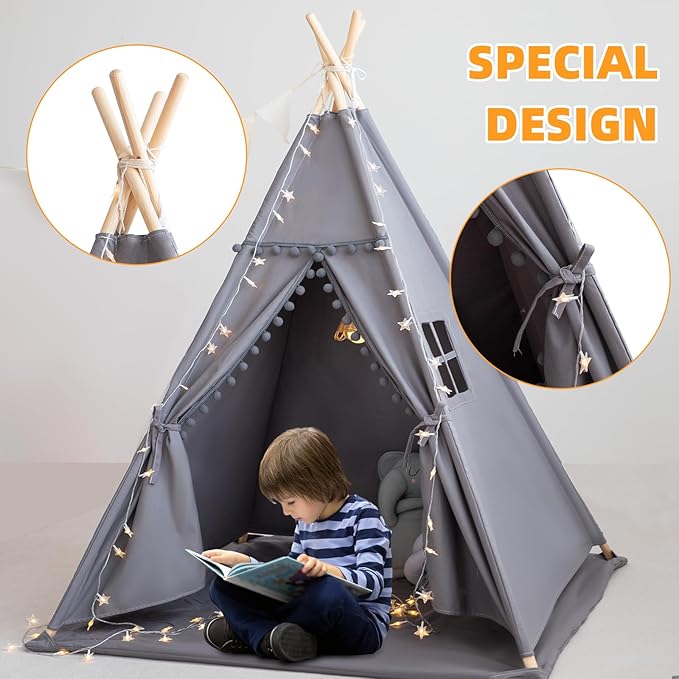 Teepee Tent for Kids with Mat, Star Lights, Carry Case, Cotton Canvas Playhouse, Foldable Tents, Portable Children Play Tent Indoor Outdoor(Grey)
