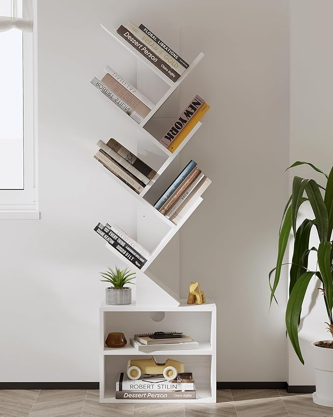 SUNMORY 6 Tier Tree Bookshelf, Tall Bookcase with Storage Cabinet, Modern Narrow Bookshelves Organizer, Floor Standing Book Shelf for Bedroom/Living Room/Home Office/Corner, White