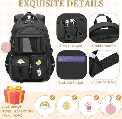 School Backpack for Girls - 5pcs Cute Girls Backpack with Lunch Box for Teens Kids Elementary Middle School - 17″ Students Bookbag Travel Back Pack for Age 6-18