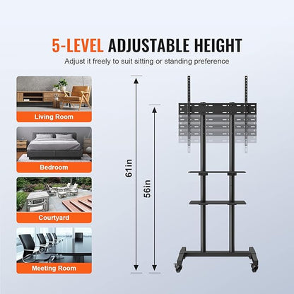 VEVOR Mobile TV Cart for 32 to 70 inch TVs, Height Adjustable Portable TV Stand with Wheels and Double Tray for Audio-Visual Devices, Rolling TV Stand for Living Room