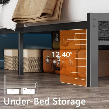 Furnulem Queen Bed Frame with Headboard & 2 Fabric Drawers, Bed Frame Queen Size Featuring LED Lights, Built-in Charging Station & Storage Shelves, Metal Slats, No Box Spring Needed – Black Oak