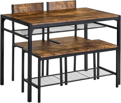 VECELO Kitchen Dining Room Table with 2 Chairs & Bench, Compact Space-Saving Design, Easy Assembly Steel Frame, Perfect for Small Apartments & Breakfast Nooks，Industrial