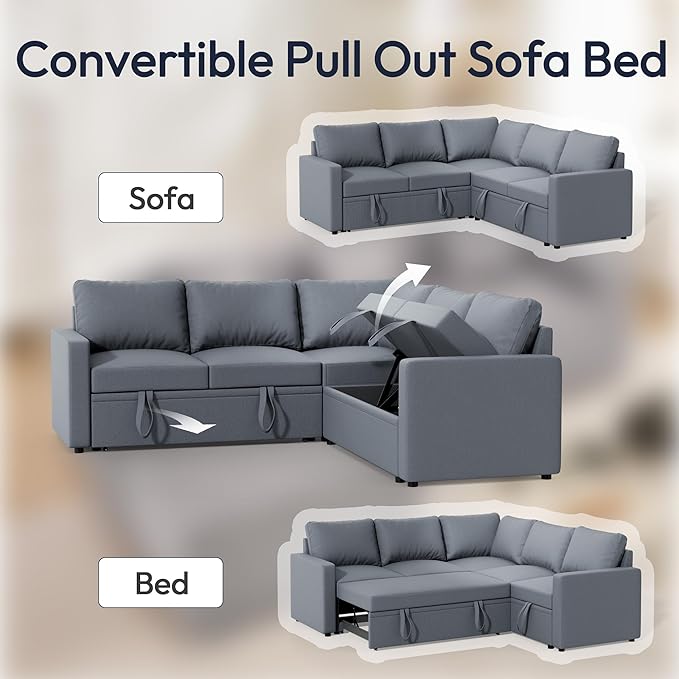 Sleeper Sofa Bed, Modular Sectional Couch with Pull Out Bed, L Shaped Sectional Convertible SofaBed with Storage Seat, for Living Room Apartment Bedroom Office Gray Linen