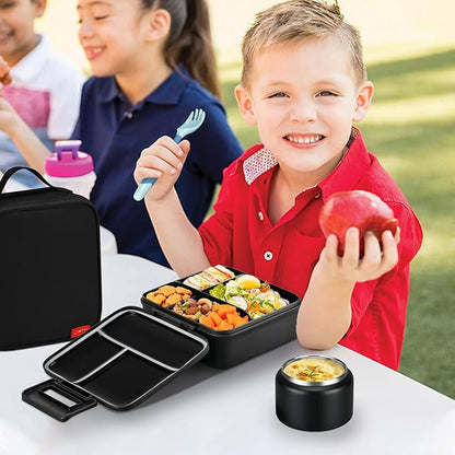 Bento Lunch Box for Kids With 8oz Soup Thermo,Leak-proof Lunch Containers with 5 Compartment,Thermo Food Jar and Lunch Bag, Food Containers for School (A-Black(Circumnavigate Space))