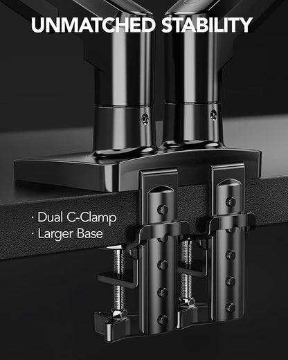 HUANUO FlowLift™ Dual Monitor Stand, Fully Adjustable Gaming Monitor Desk Mount for 13–32″ Computer Screens, Full Motion VESA 75x75/100x100 with C-Clamp & Grommet Base, Each Arm Holds 4.4 to 19.8 lbs