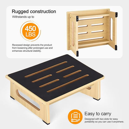One Step Stool for Adults Seniors with Non-Slip Rubber Step Surface, 5.5" Heavy Duty Wooden Stepping Stools with 450 LBS Capacity for Bedroom Kitchen Bathroom, Bed Steps for High Beds, Bedside Support