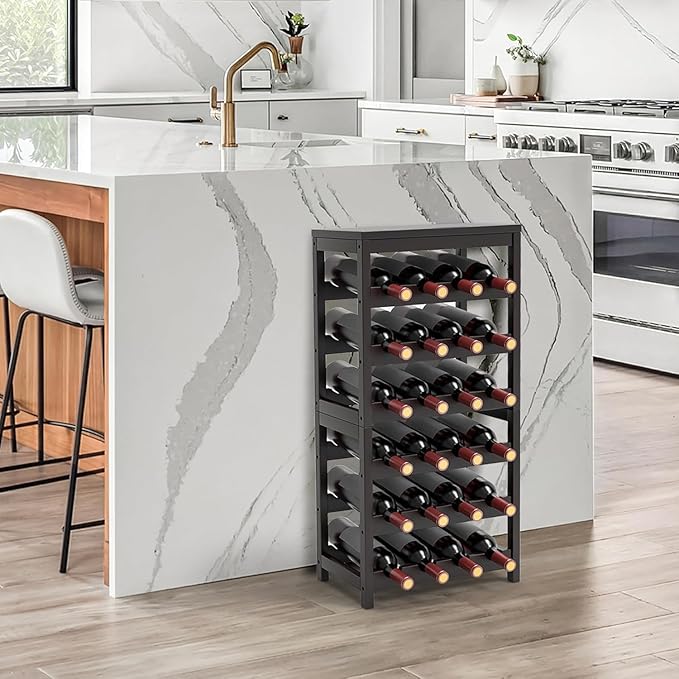 24-Bottle Wine Rack Freestanding Floor, 6-Tier Bamboo Wine Display Rack Storage Shelf with Table Top for Kitchen Dining Room Bar Cellar - Dark Brown