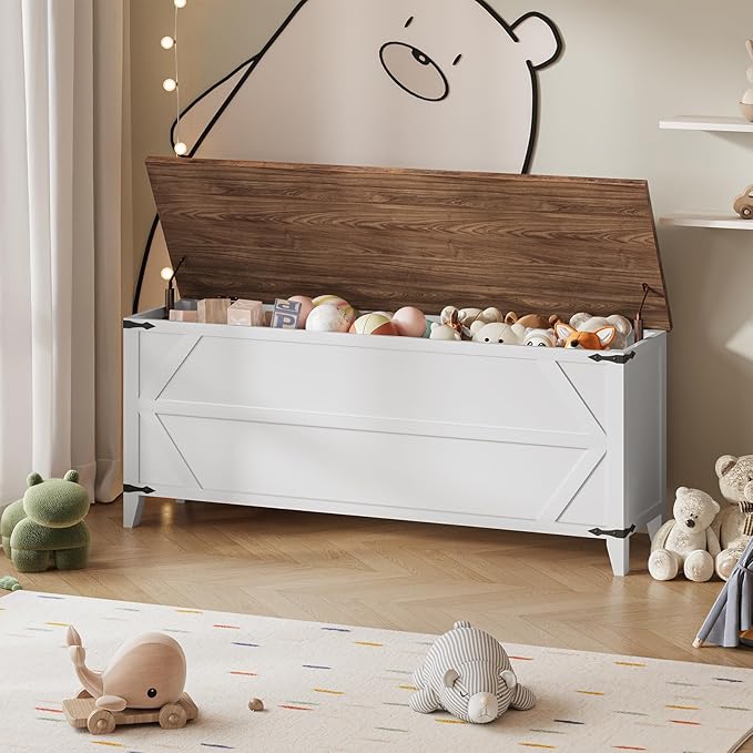 HOOBRO 47.2" Toy Box, Storage Chest with Safety Hinges, Toy Chest Storage, Wooden Storage Bench for Bedroom, Living Room, White and Walnut WH16CW01