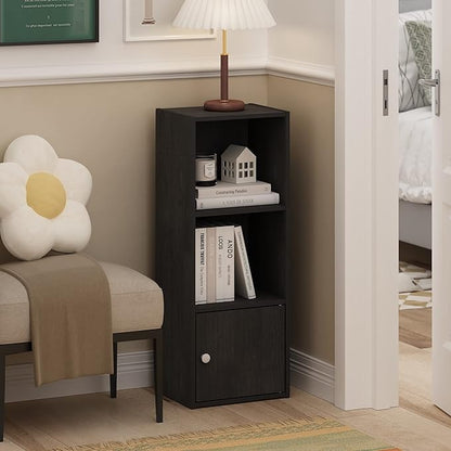 Furinno LUDER Book Shelf, 3-Tier Modern Bookshelf, Bookcase with 1 Door Storage Cabinet, 9.3 x 12 x 31.5, for Living Room, Bedroom, Home Office, Blackwood