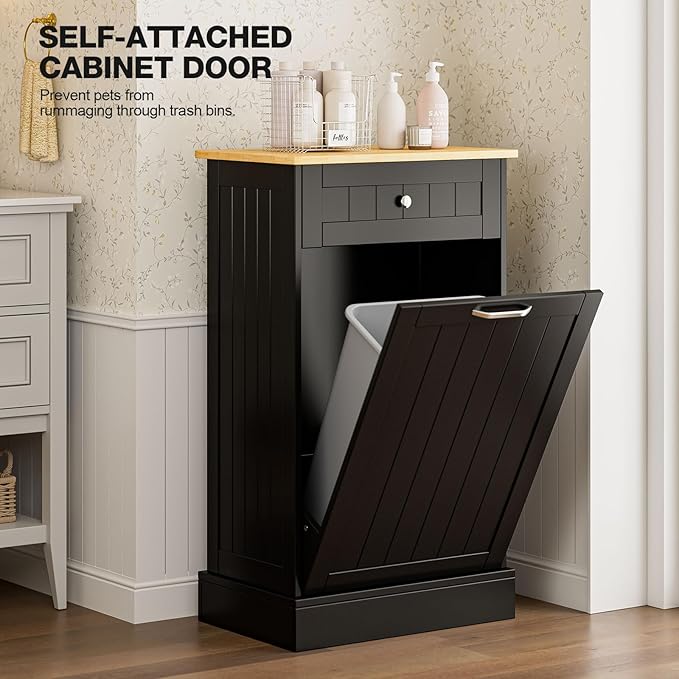 GAZHOME 10 Gallon Tilt Out Trash Cabinet, Upgrade Wooden Free Standing Recyclin Trash Cabinet with Hideaway Drawer(Black)