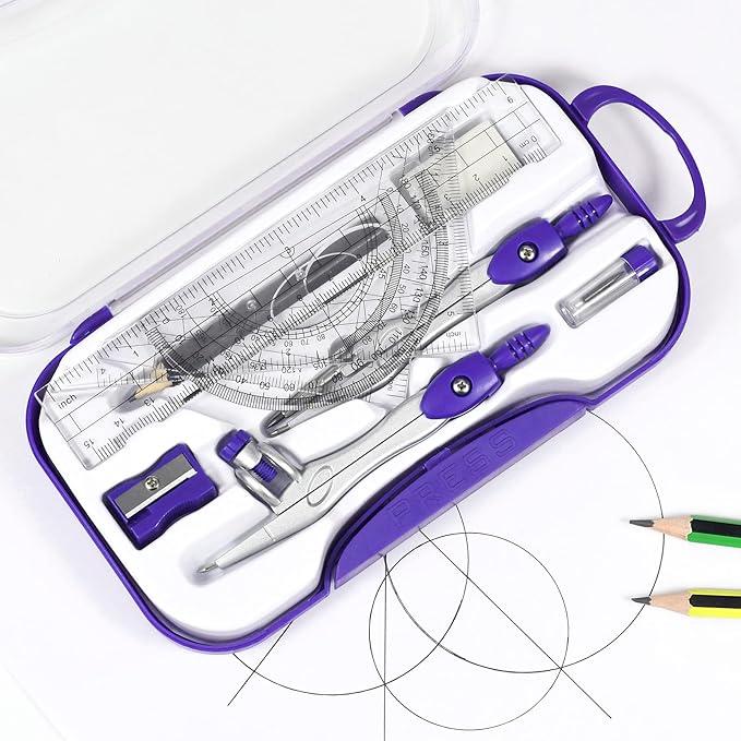 10 Pieces Math Geometry Kit Set Student Supplies with Shatterproof Storage Box,Includes Rulers,Protractor,Compass,Eraser,Pencil Sharpener,Lead Refills,Pencil,for School and Drawings（Purple）