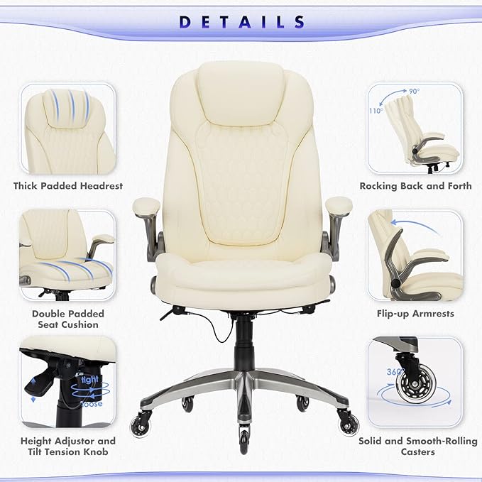 Executive Office Chair-Ergonomic Computer Desk Chair, High Back Leather Chair Swivel Home Office Chair with Upgraded Casters-Ivory, Set of 2