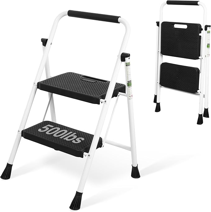 2 Step Ladder, Portable Steel Folding Step Stool with Wide Anti-Slip Pedal & Convenient Handgrip, 500lbs Sturdy Steel Ladder, White