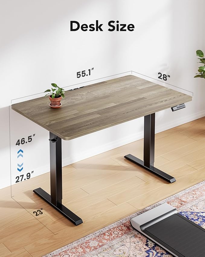 HUANUO 55" x 28" Electric Standing Desk Adjustable Height, 4 Memory Height Settings, Headphone Hook, Cable Manager, Sit Stand Up Desk for Home Office & Computer Workstation, Wooden Block