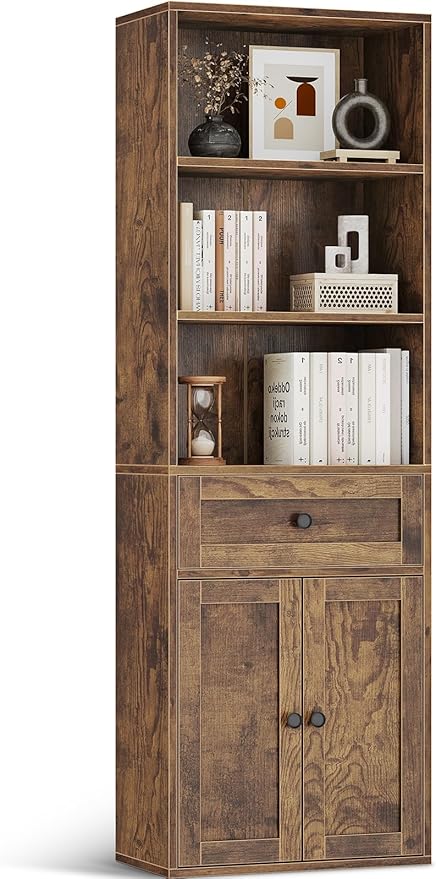 Casaottima Bookshelf and Bookcase with Doors and Drawer, Floor Standing 6-Tier Shelf Display Storage Shelves, Tall Bookcases for Home Office, Living Room, Vintage