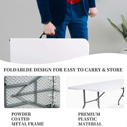 Folding Table 6 FT Lightweight Portable Plastic Fold-in-Half Utility Foldable Table suitable to hold large, Plastic Dining Indoor Outdoor for Camping, Picnic and Party, White(27.5"D ×70.8"W ×29.1"H)