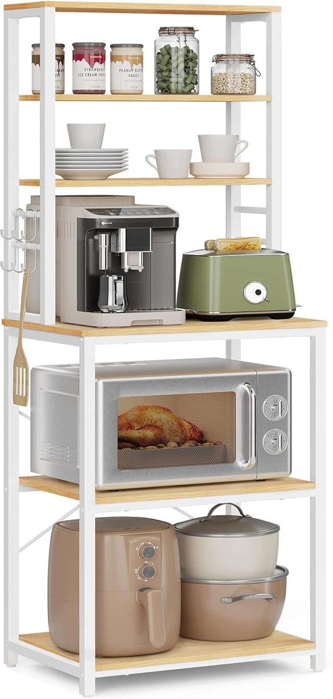 VASAGLE Coffee Bar, Baker’s Rack for Kitchen with Storage, 6-Tier Kitchen Shelves with 6 Hooks, Microwave Stand, Industrial, 15.7 x 23.6 x 65.7 Inches, Oak Color and White UKKS024W09